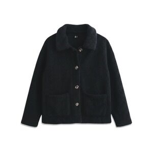 Teddy Bear Jacket Womens Medium Black Fleece Button Up Sherpa Shacket Outdooor